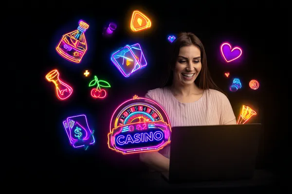 A woman smiling while playing online games on her laptop, surrounded by neon casino elements, showcasing MC888’s diverse game collection.