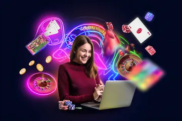 A man celebrating a winning moment on his laptop while gaming symbols float around him, capturing the excitement of MC888 games.