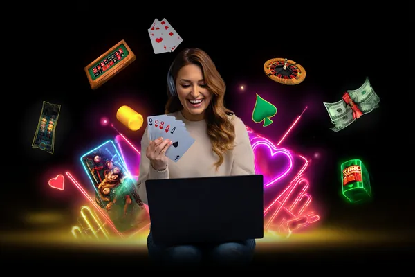 A glowing roulette wheel with cascading chips, symbolizing the engaging live and instant-win games available on MC888.
